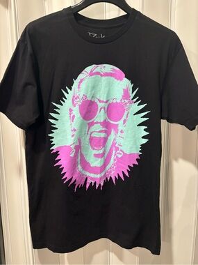 Black Graphic Tee with Mint & Magenta Pop Art Print Size Medium